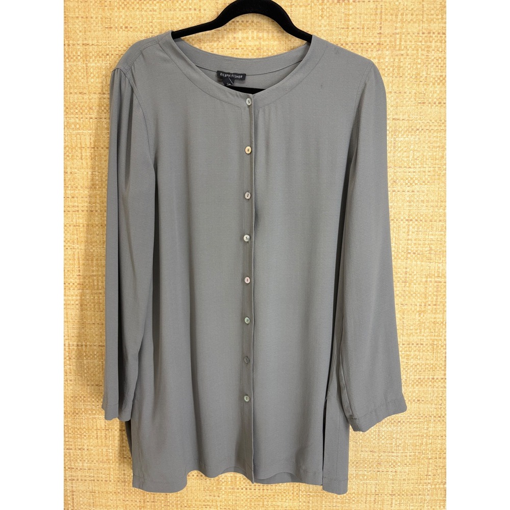 Eileen Fisher 100% Silk Button Down Tunic Blouse Women Medium Grey Long Sleeve